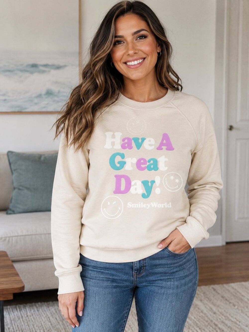SMILEY WORLD NWT Long Slve Scoop Neck Cream w/"Have a Great Day" Sweatshirt L